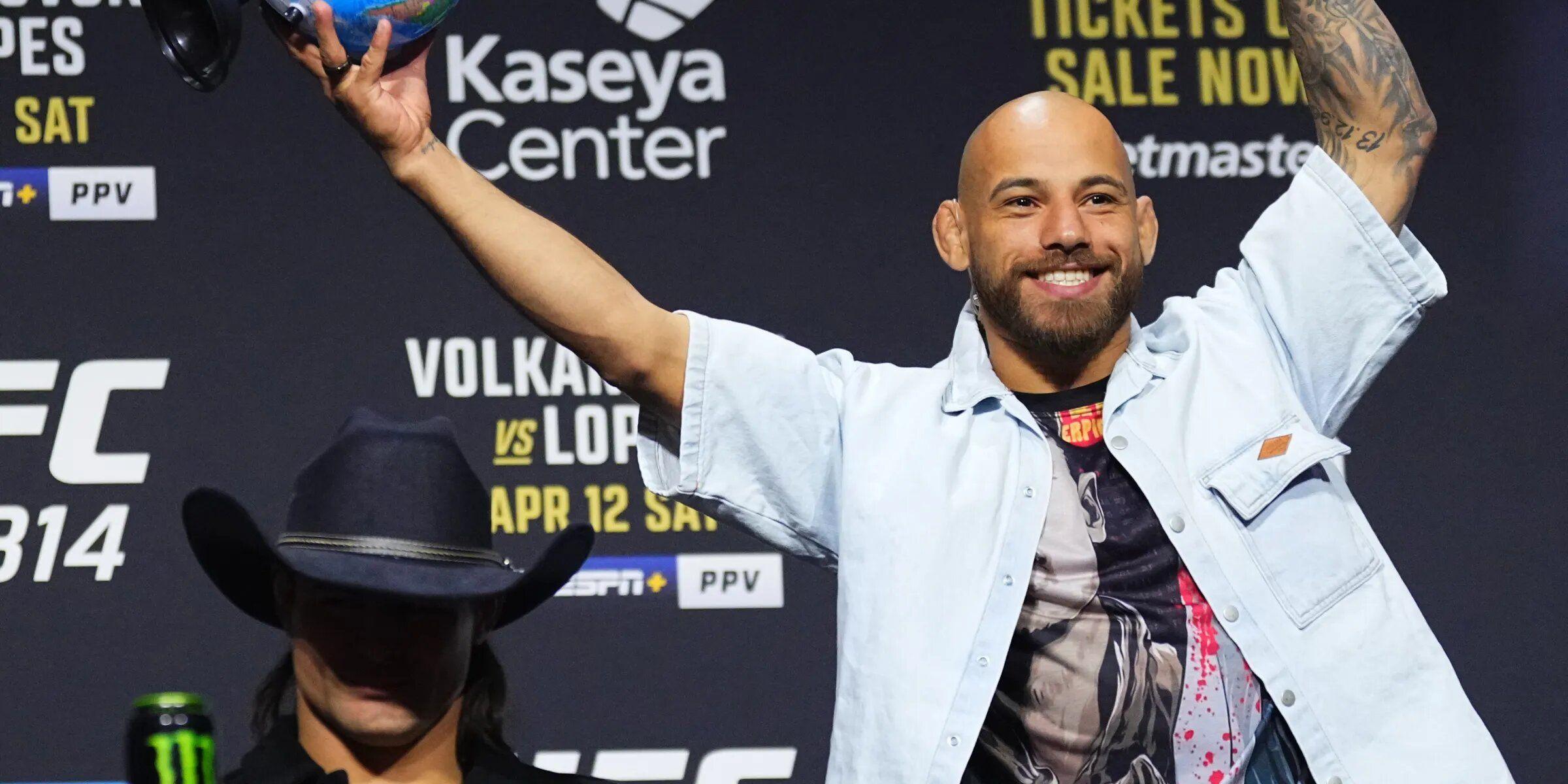 Jean Silva Stands Behind Diego Lopes at the UFC 314 press confrence. Credit: Jeff Bottari/ Zuffa LLC
