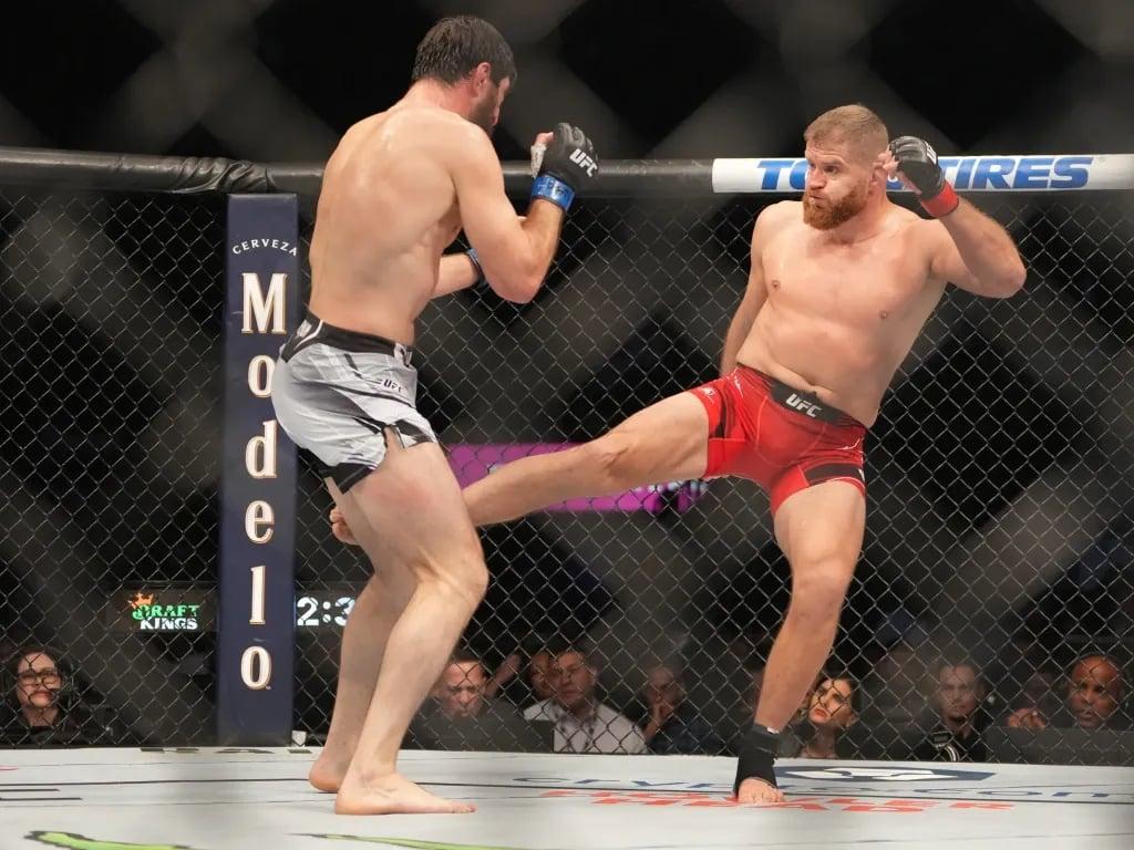 Jan Błachowicz chopping at the legs of Magomed Ankalaev at UFC 282. Credits to: Stephen R. Sylvanie - USA TODAY Sports.