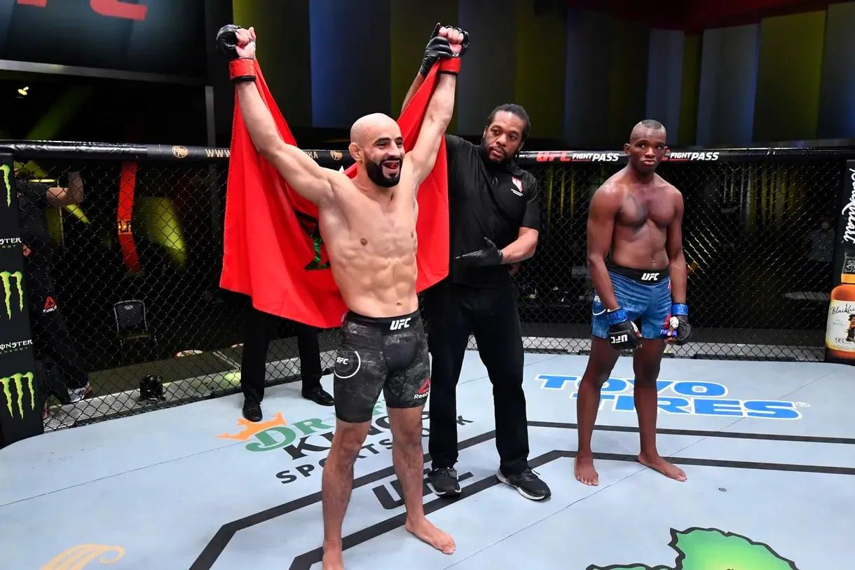 Ottoman Azaitar celebrating his KO win over Khama Worthy. Credit: Jeff Bottari/Zuffa LLC via Getty Images