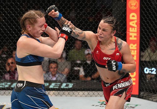 Raquel Pennington throws a bomb at Aspen Ladd. Credit: Sherdog.