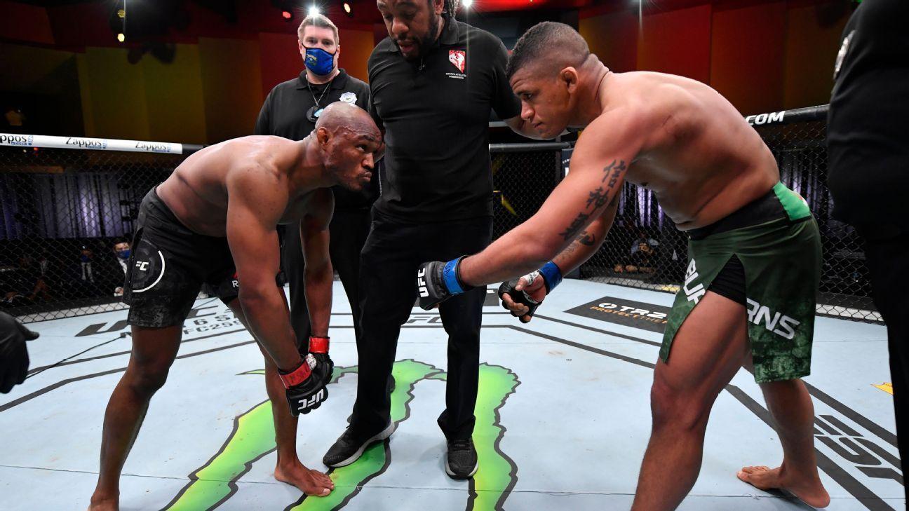 One of the coldest faceoffs of the year betwen Kamaru Usman and Gilbert Burns. Credits to: Zuffa LLC.