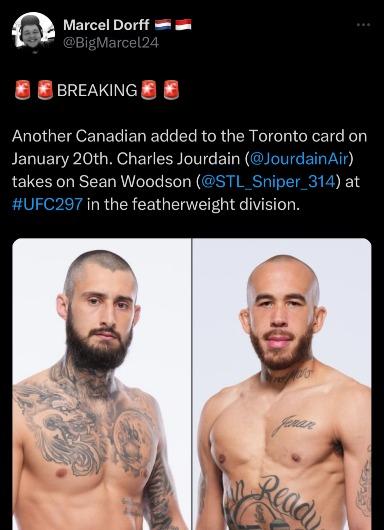 Charles Jourdain vs. Sean Woodson set for UFC 297 in Toronto