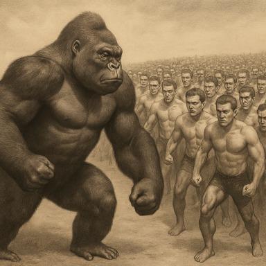 Let's settle this. 1 male gorilla beats 100 men. 1 male gorilla beats 16 UFC fighters. 16 UFC Fighters beat 100 men.