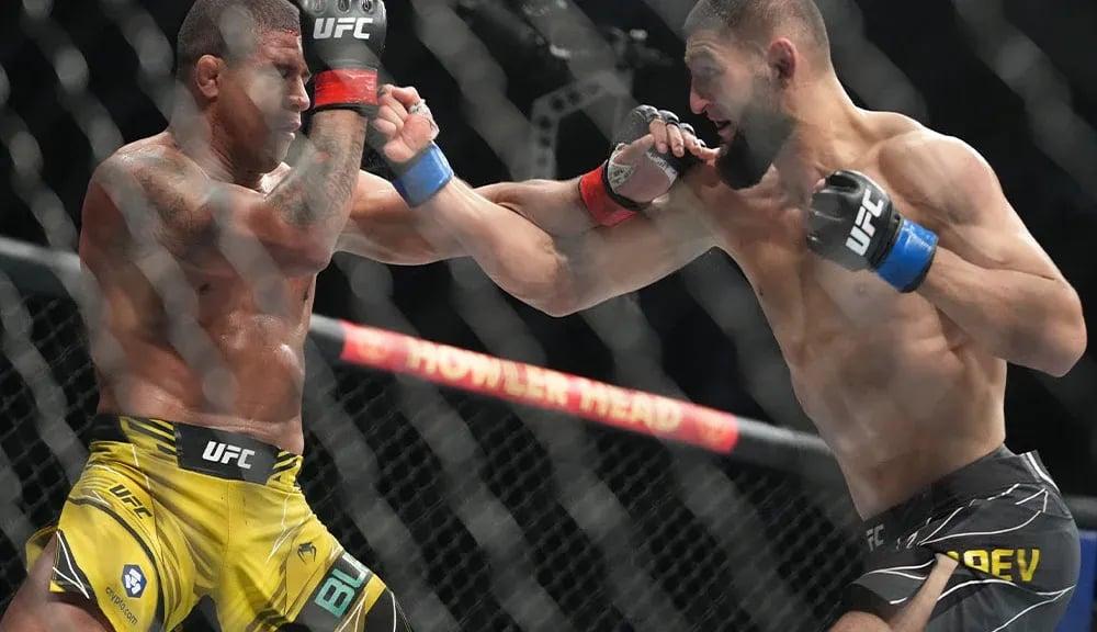 Khamzat Chimaev during his bout against Gilbert Burns at UFC 273. Credits to: David Yeazell - USA TODAY Sports.