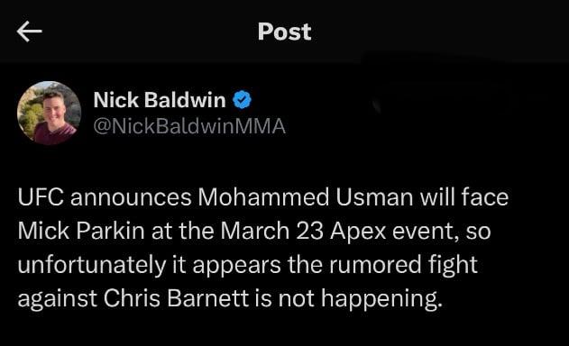 Chris Barnett isn't fighting Mohammad Usman