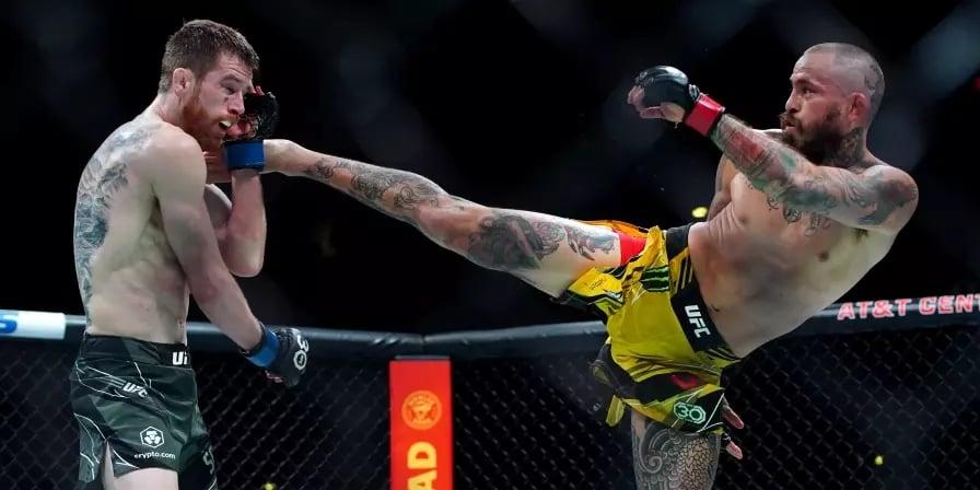 Marlon Vera fighting Cory Sandhagen in San Antonio, Texas, Credits to:  Aaron Meullion - USA TODAY Sports.