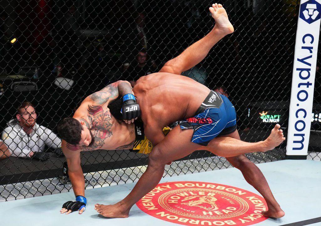 Alonzo Menifield takes down Askar Mozharov. Credits to: Chris Unger of Getty Images.