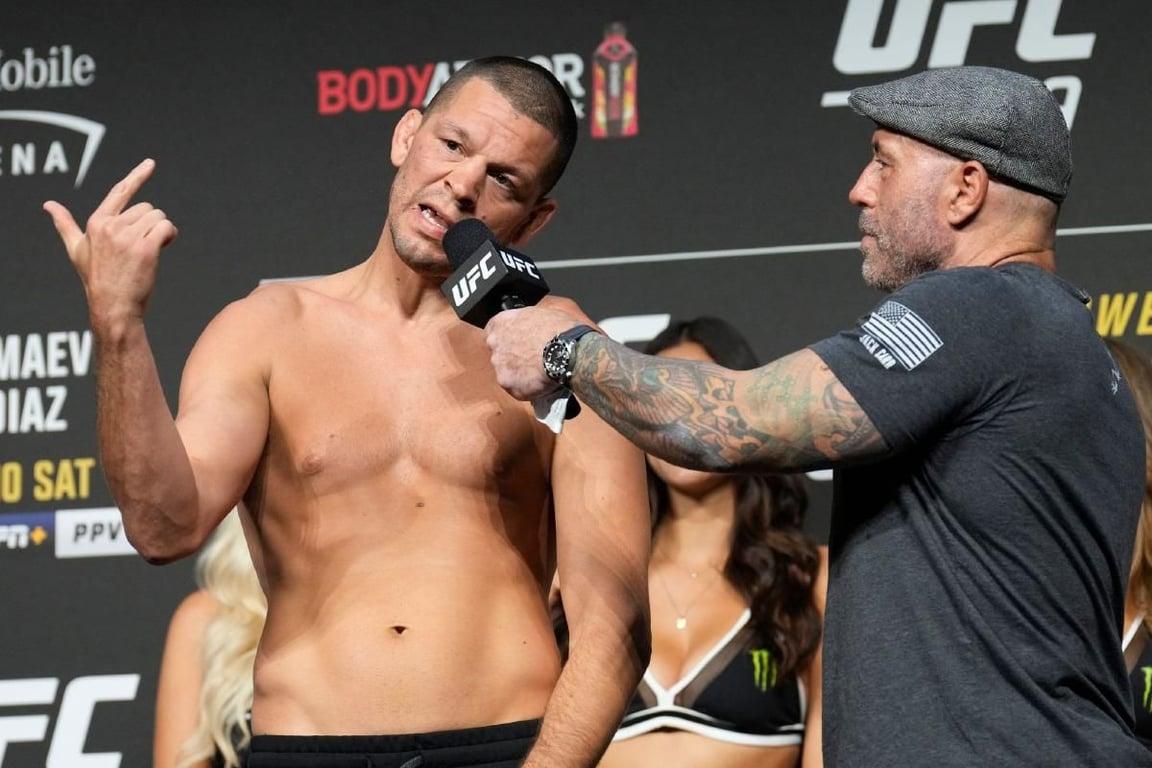 Nate Diaz sharing a moment with Joe Rogan. Credits to: Zuffa LLC