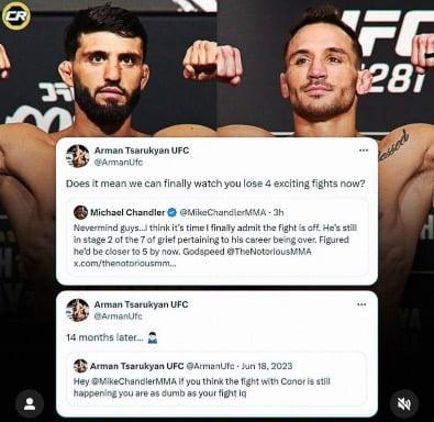 Arman Tsarukyan chirps at Michael Chandler. 