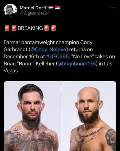 Cody Garbrandt Vs Brian Kelleher booked for UFC 296