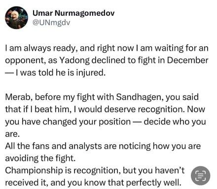 Umar Nurmagomedov VS Song Yadong is cancelled.