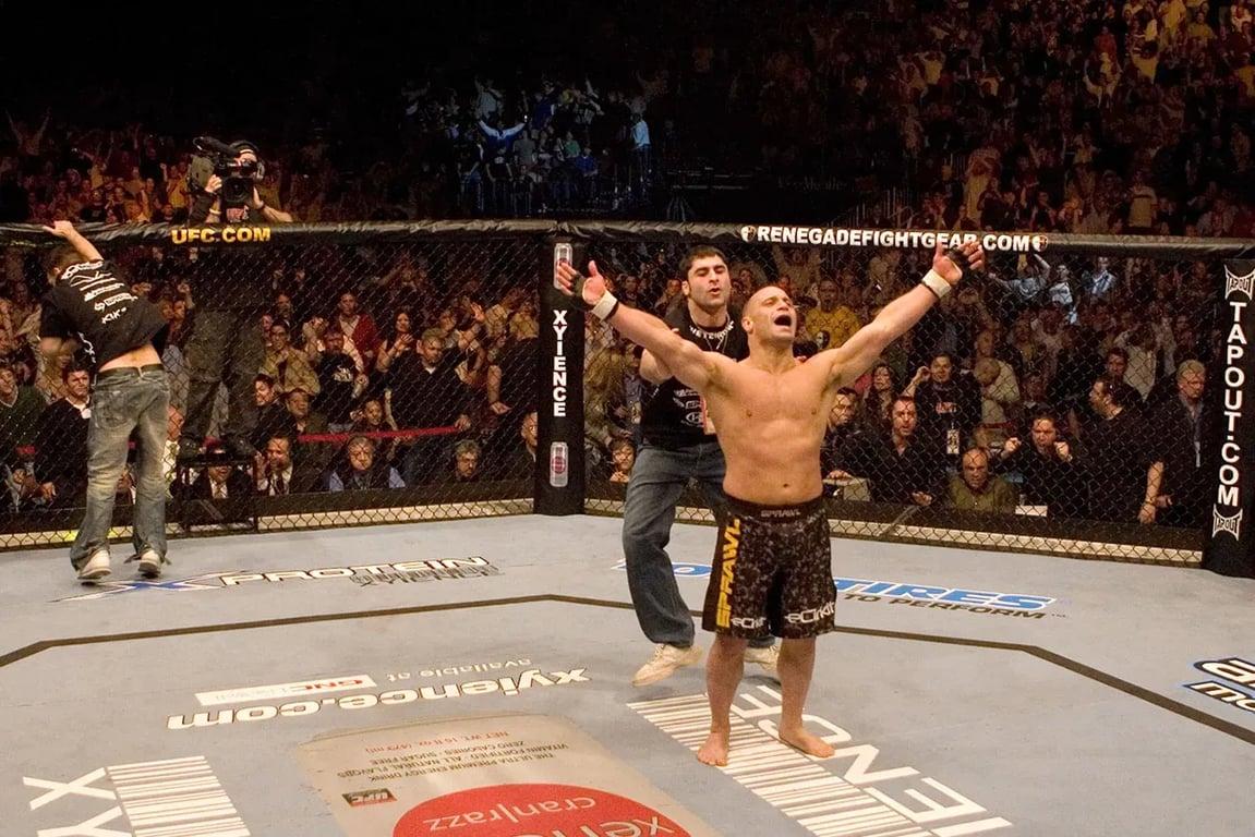 Matt Serra celebrates his TKO over Georges St-Pierre. Credits to: Zuffa LLC-Getty Images