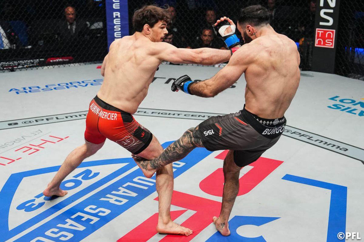 Olivier Aubin-Mercier lands a right hand on Shane Burgos. Credit: PFL.