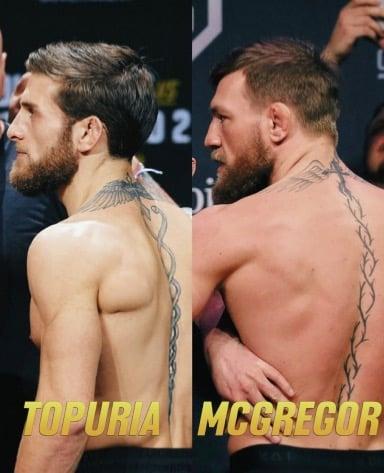 Coincidence or copy? Aleksandre Topuria’s back tattoo looks just like McGregor’s. 
