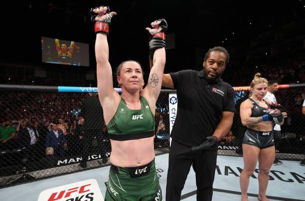 Molly McCann getting her hand raised after defeating Hannah Goldy. Credits to: Jeff Bottari-Zuffa LLC.
