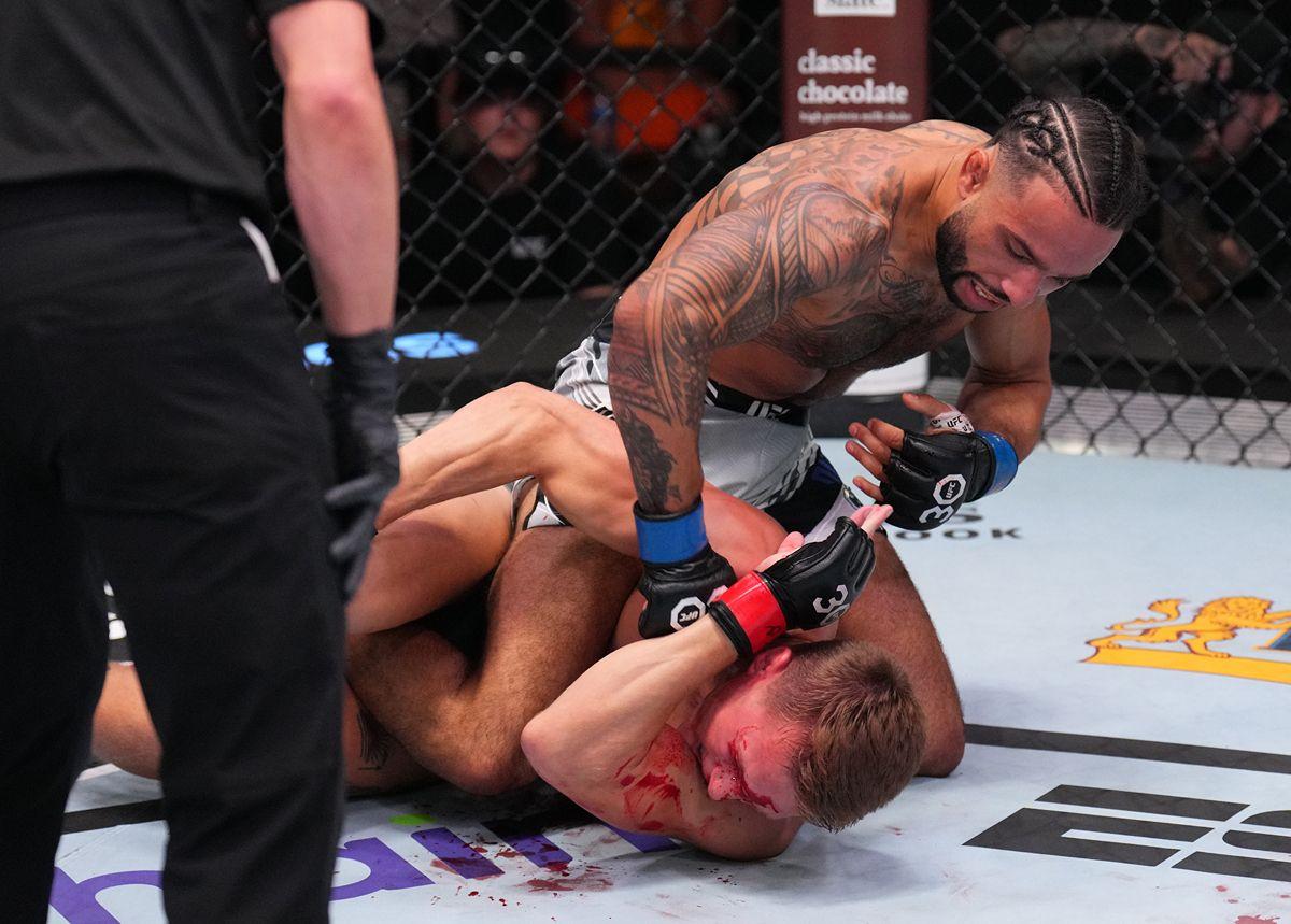 Isaac Dulgarian lands ground and pound on Francis Marshall. Credit: MMA Mania.