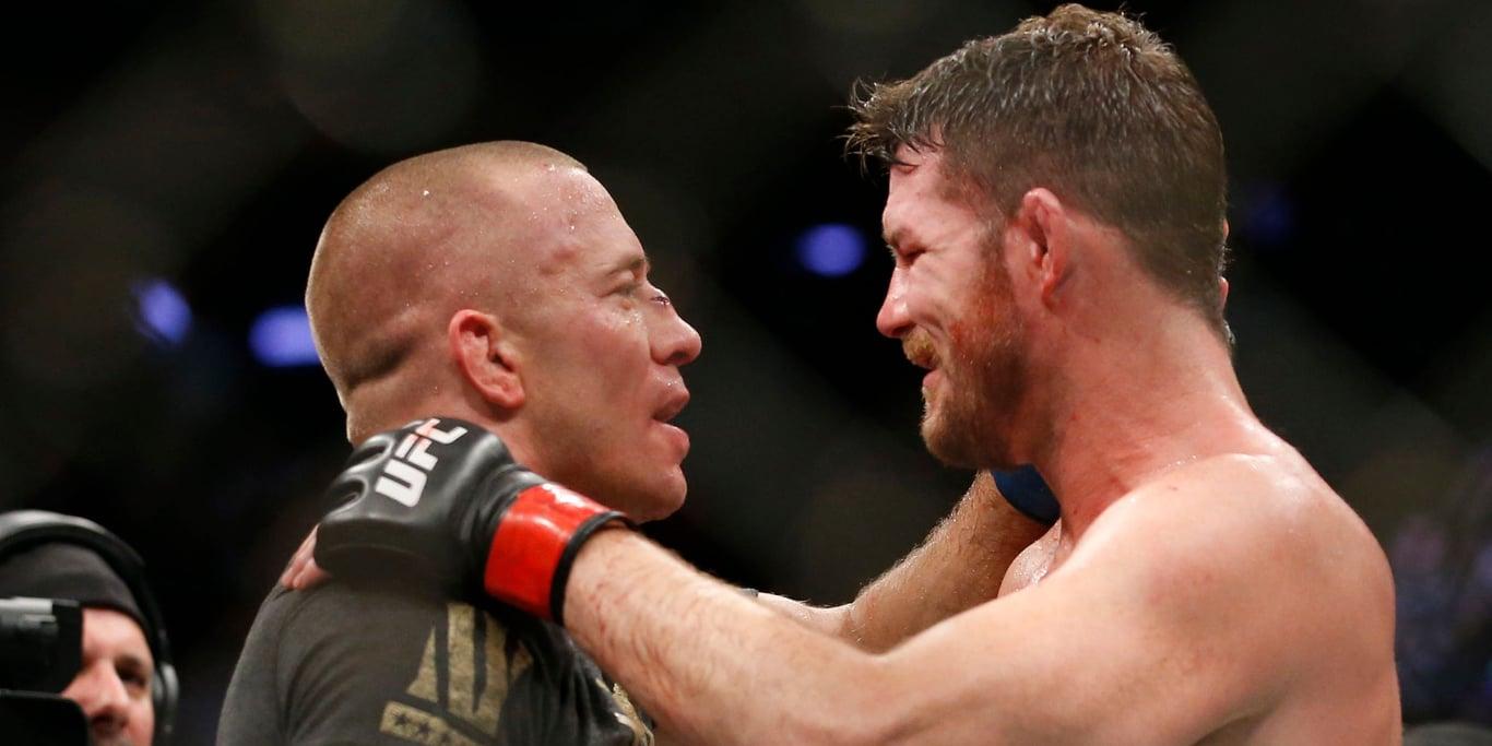 GSP and Bisping embracing after St. Pierre submitted him. Credits to: Jeff Botari - Zuffa LLC.