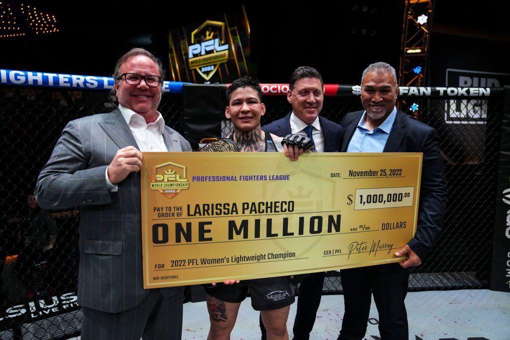 Larissa Pacheco celebrates her PFL title win. Credits to: Cooper Neil - PFL
