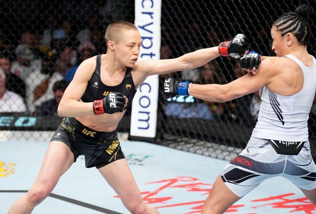 Rose Namajunas throws a punch against Carla Esparza at UFC 274. Credits to: Chris Unger of Getty Images.