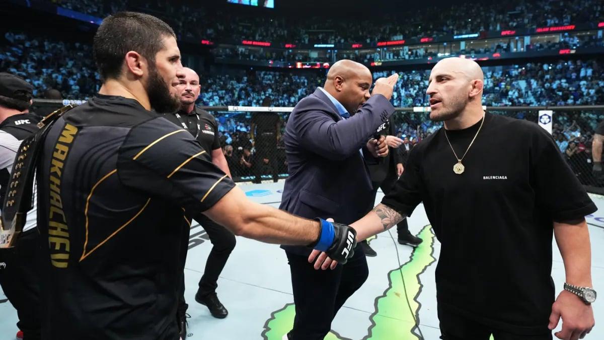Islam Makhachev sets up his next fight with Alexander Volkanovski after becoming champion. Credits to: Zuffa LLC