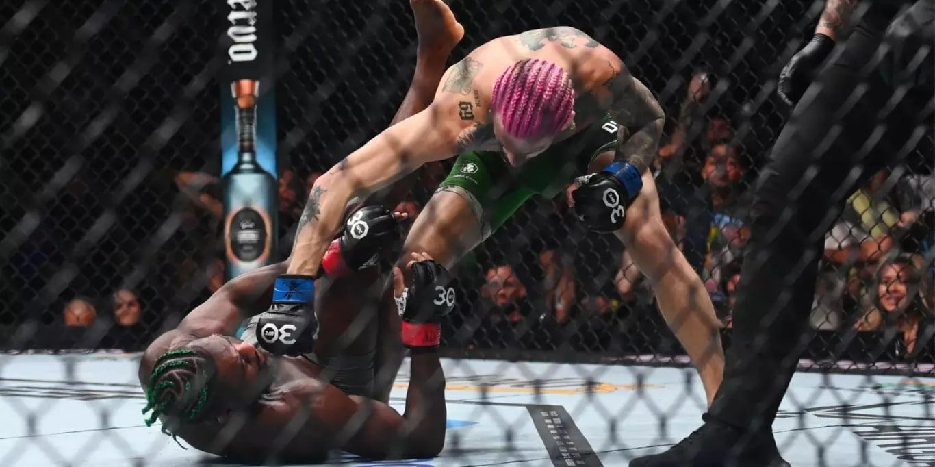 Sean O'Malley TKOing Aljamain Sterling to win UFC gold. Credits to: Bob DeChiara - USA TODAY Sports.