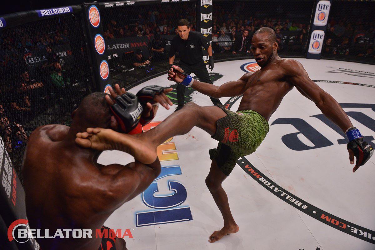Michael Page throws a headkick at Fernando Gonzalez. Credit: Bellator MMA.
