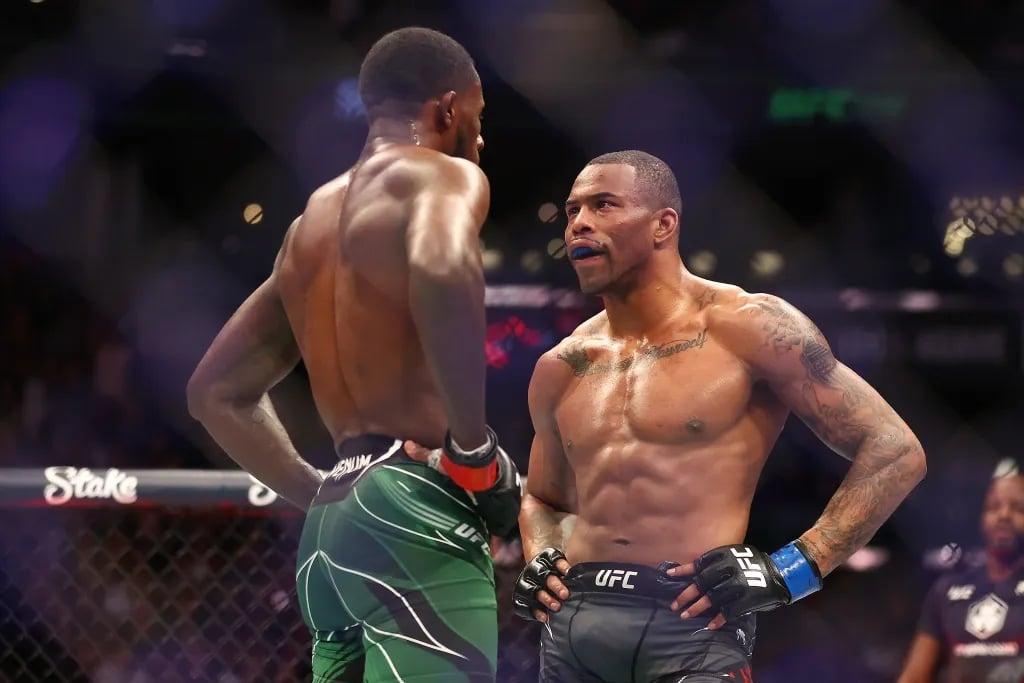 Randy Brown and Khaos Williams meet after the fight. (Mark J. Rebilas-USA TODAY Sports)