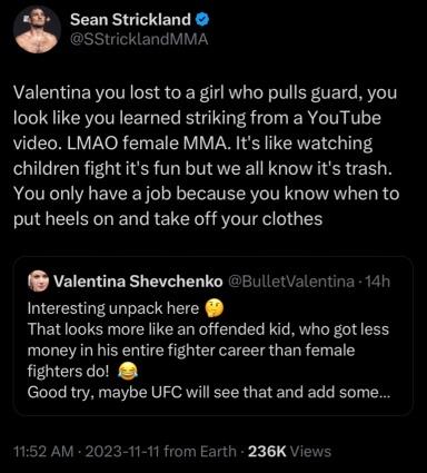 Sean Strickland taking shots at Valentina Shevchenko