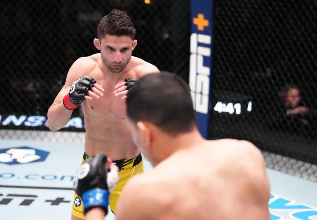 Allan Nascimento staring down Carlos Hernandez during their bout. Credits to: Chris Unger - Zuffa LLC.