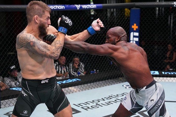 Khalil Rountree Jr. striking vs. Chris Daukaus. Credits to: Al Powers - Zuffa LLC.