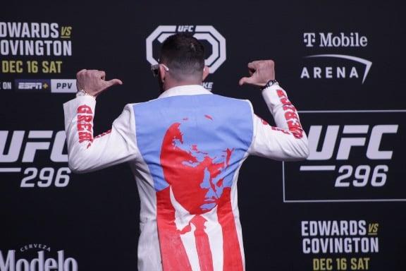 Colby Covington wearing a custom Donald Trump suit at media day