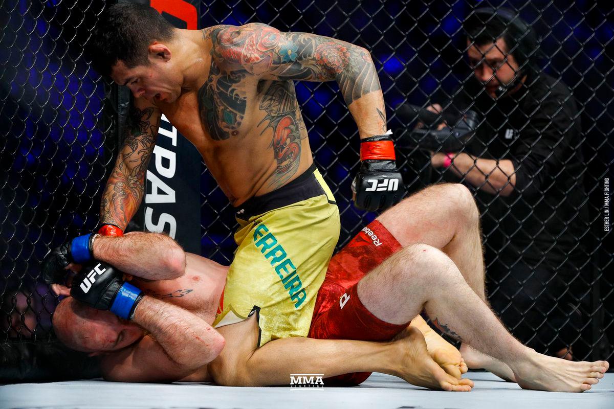 Diego Ferreira rains down ground and pound on Kyle Nelson. Credit: MMA Fighting.