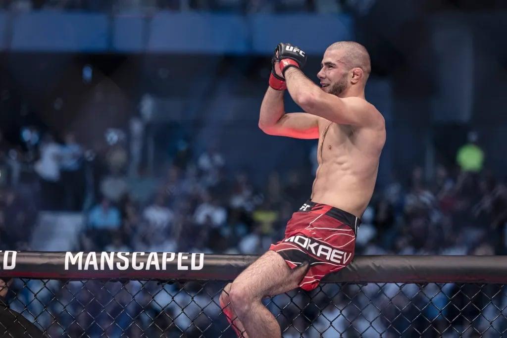 Muhammad Mokaev moments after his submission victory at UFC 280. Credits to: Craig Kidwell - USA TODAY Sports.