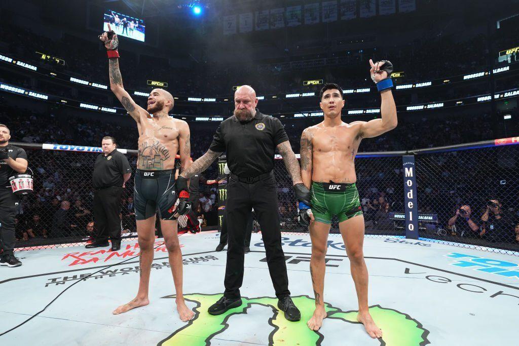 Sean Woodson and Luis Saldana react to their fight being called a draw at UFC 278. Credits to: Josh Hedges of Zuffa LLC.