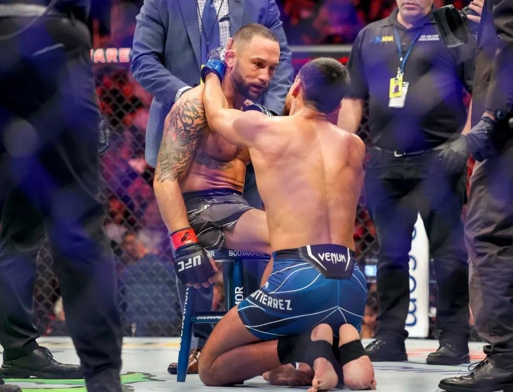 Chris Gutierrez pays respect to Frankie Edgar. Credits to: Jessica Alcheh-USA TODAY Sports
