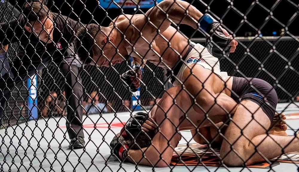Kevin Lee ground and pounding Jake Matthews at The Ultimate Fighter Season 23 Finale. Credits to: Brent Brookhouse - MMA Junkie.