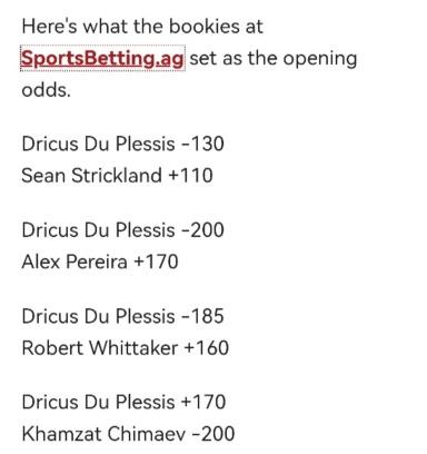 Current odds for some of next potentional DDP's opponents.