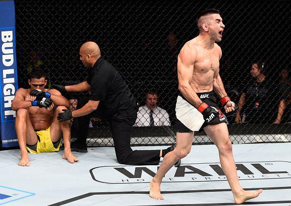 Ricardo Lamas celebrates his submission victory over Charles Oliveira. Credit: Zuffa LLC.