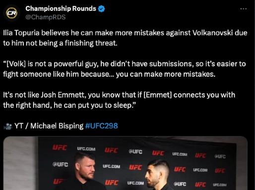 Ilia Topuria believes he can make more mistakes against Alex Volkanovski than he could against Josh Emmett
