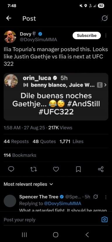 Ilia vs gaethje at ufc 322?!?! This was posted by ilia’s manager