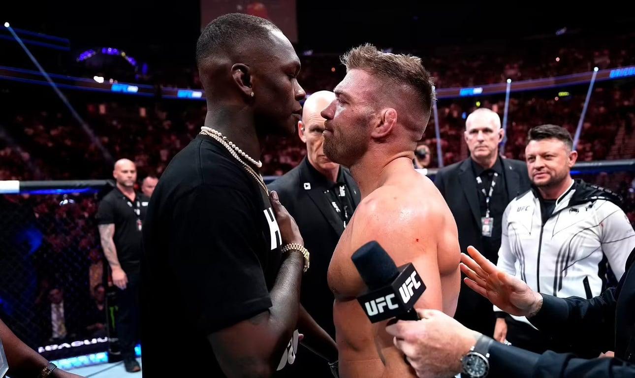 Israel Adesanya and Dricus du Plessis facing off. Credits to: Jeff Botari - Zuffa LLC.