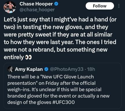 More information from Chase Hooper about the upcoming UFC Gloves announcement