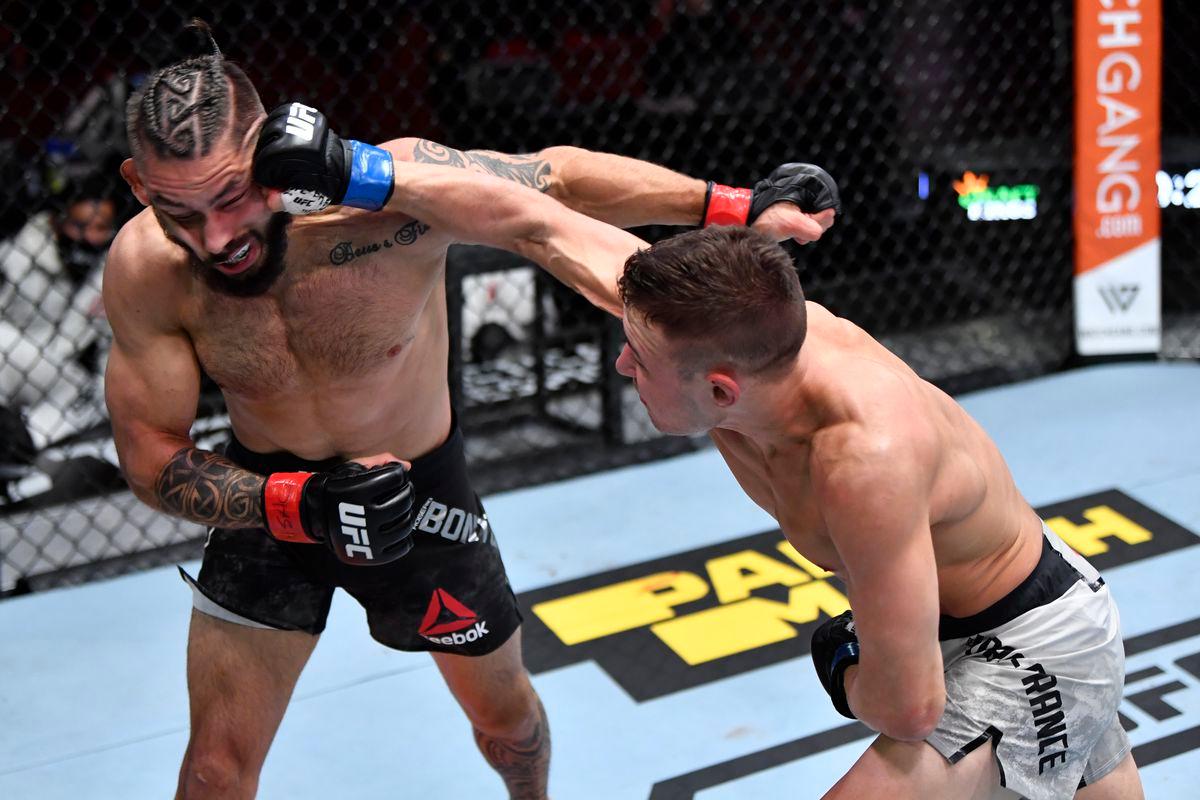 Kai Kara-France lands a right hand on Rogerio Bontorin. Credit: MMA Fighting.