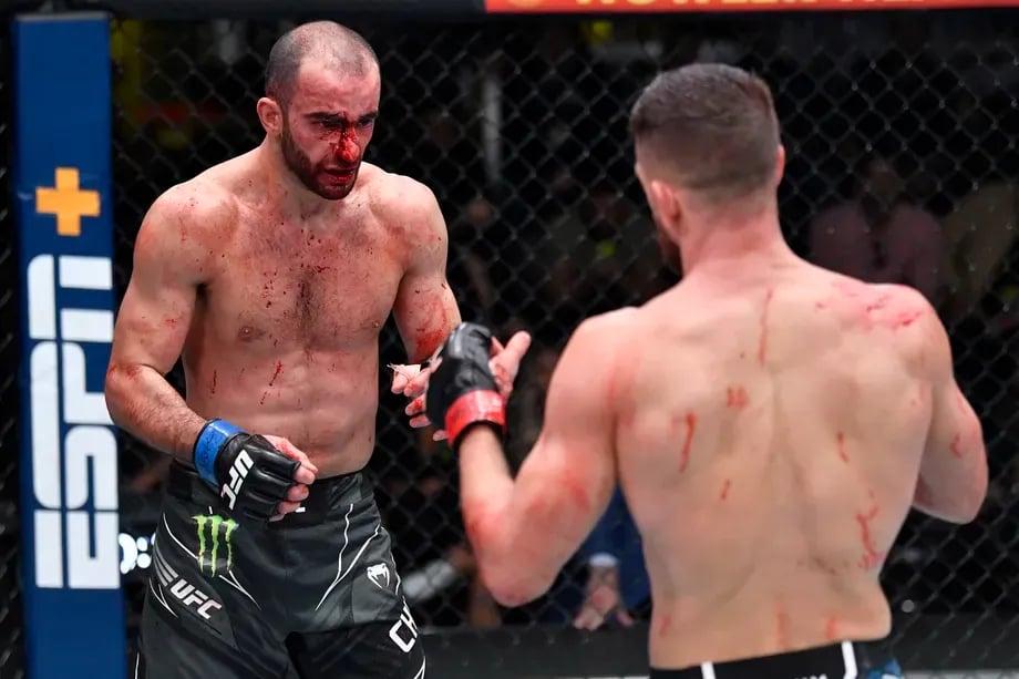 Giga Chikadze staring down Calvin Kattar during their main event bout. Credits to: Jeff Botari - Zuffa LLC.