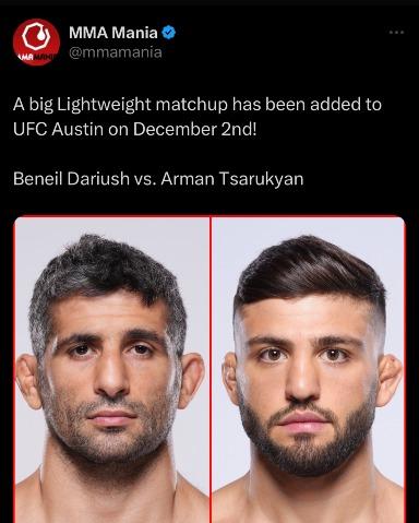 Beneil Dariush vs. Arman Tsarukyan is set for UFC Austin on December 2nd. It's not the main event.