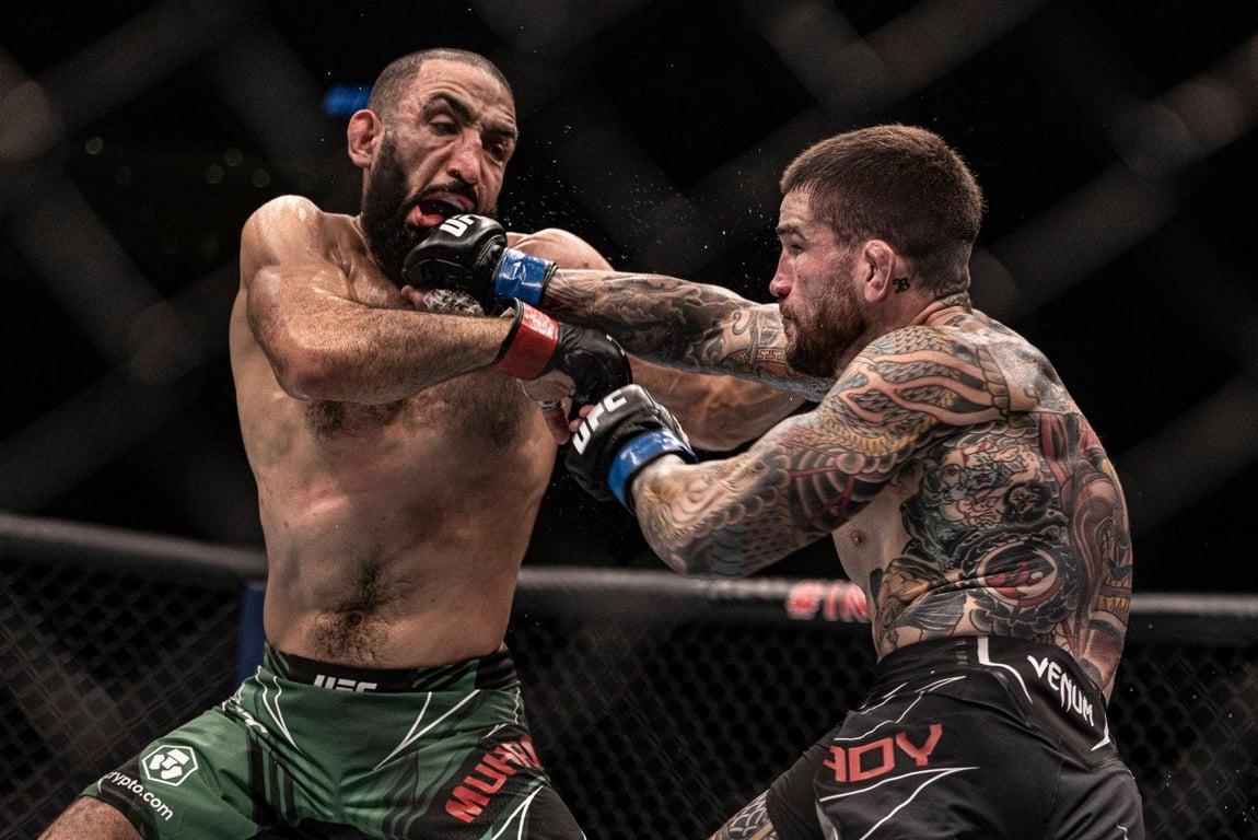 Sean Brady landing a straight on Belal Muhammad. Credits to: Craig Kidwell - USA TODAY Sports.