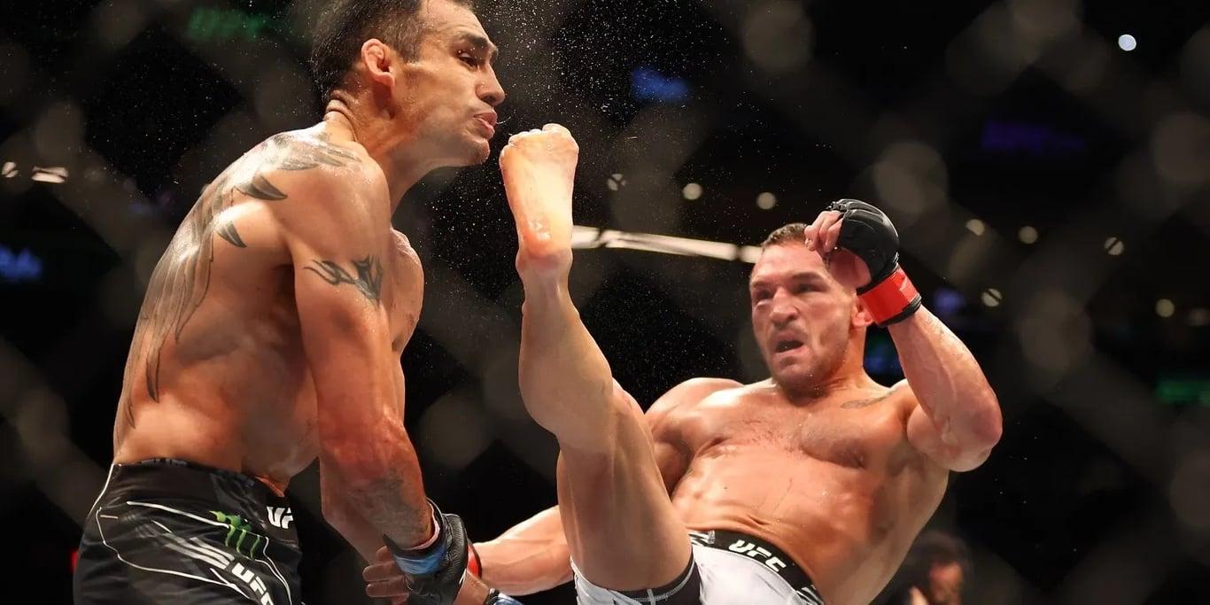 Michael Chandler KOing Tony Ferguson at UFC 274. Credits to: Mark J. Rebilas - USA TODAY Sports.