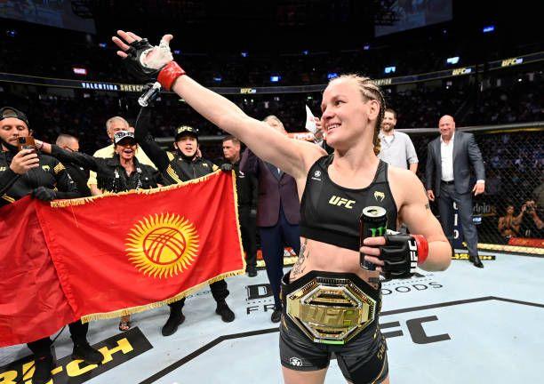 Valentina Shevchenko celebrating her knockout win at UFC 266. Credits to: Jeff Bottari-Getty Images.