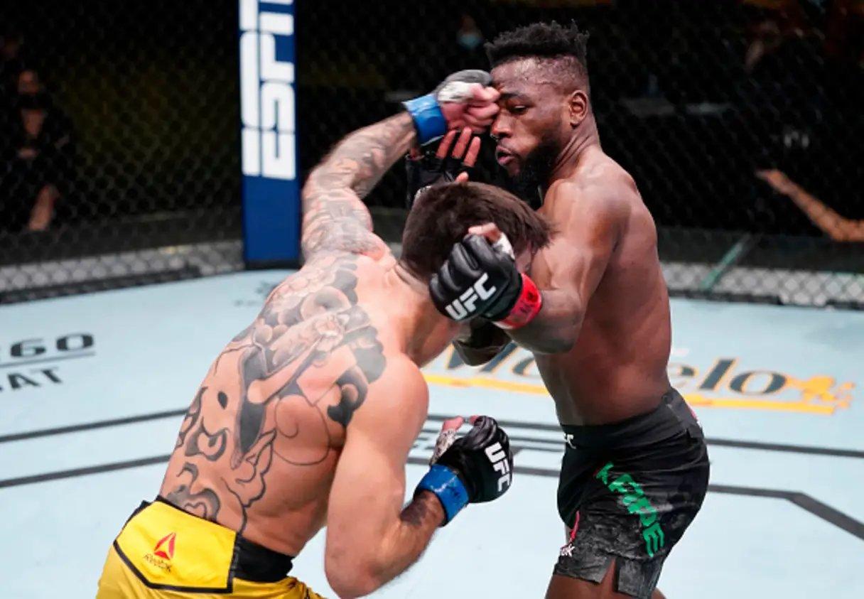  Matheus Nicolau lands a left hand vs. Manel Kape. Credit to: Jeff Bottari Zuffa LLC via Getty Images