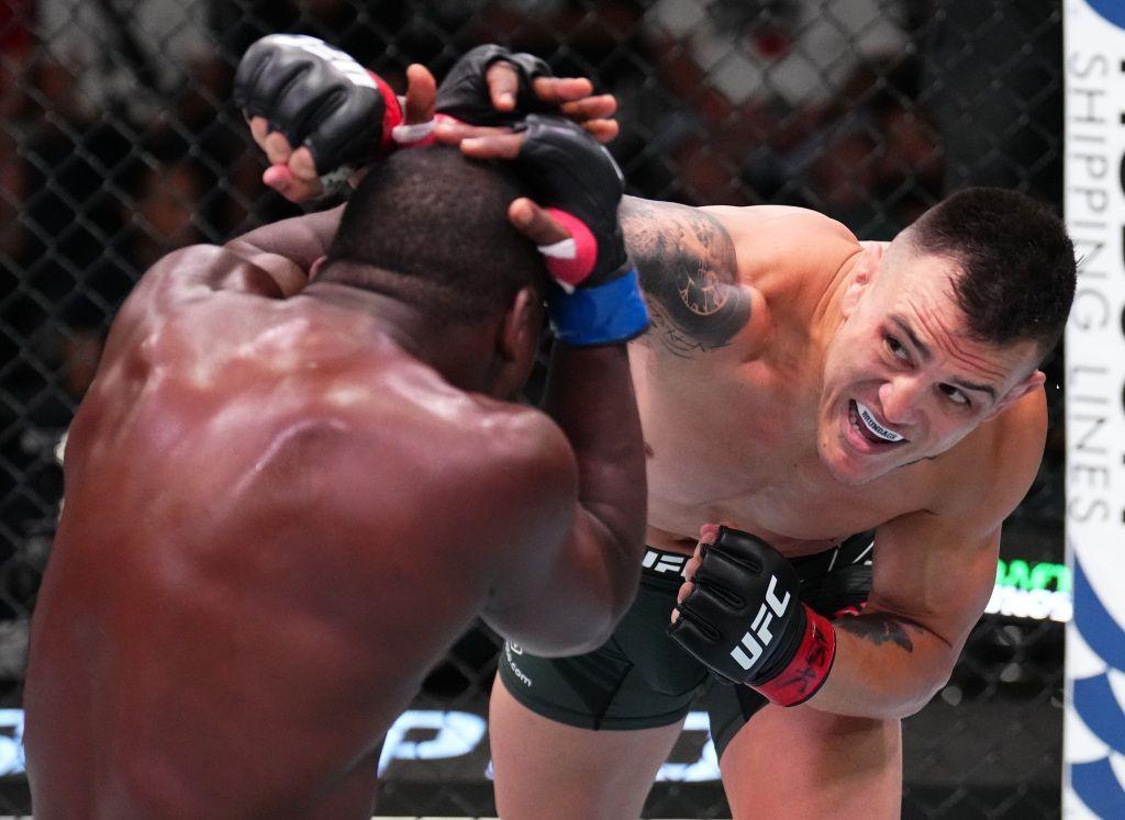 Cody Brundage stricking with Treasan Gore at UFC on ESPN: dos Anjos vs. Fiziev. Credits to: Chris Unger - Zuffa LLC.